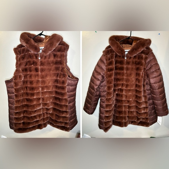 LAURIER & CO NEW Faux Fur Puffer Coat Convertible Vest Plus 3XL Brown Mob Wife - Picture 1 of 13
